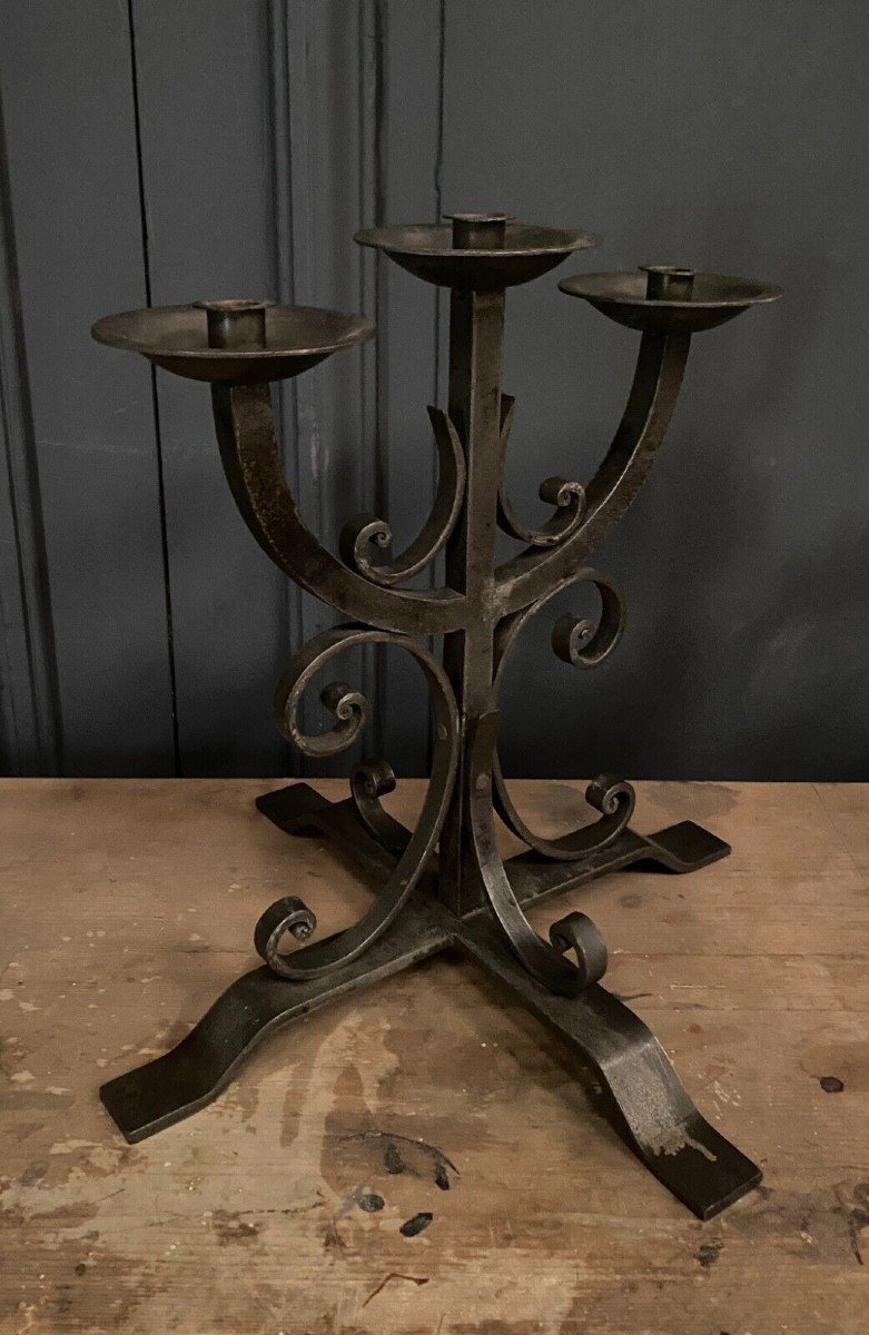 Pair Of Neo-gothic Ironwork Candlesticks With 3 Lights 1940-photo-5