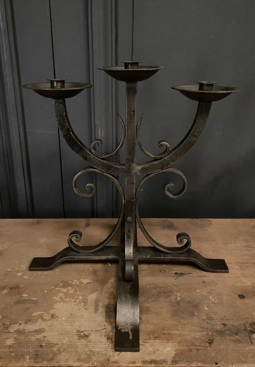 Pair Of Neo-gothic Ironwork Candlesticks With 3 Lights 1940-photo-6