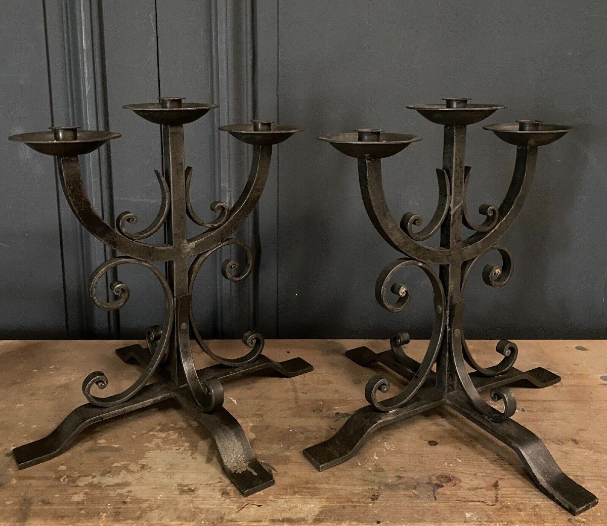 Pair Of Neo-gothic Ironwork Candlesticks With 3 Lights 1940