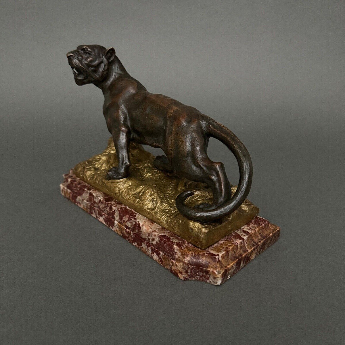 Bronze Tiger Signed Rousseau On A Red Languedoc Marble Base-photo-3