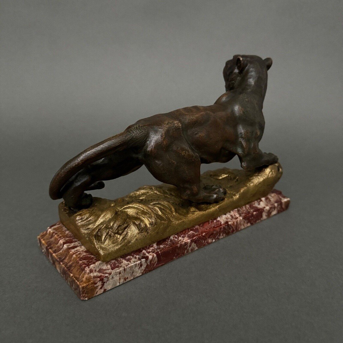 Bronze Tiger Signed Rousseau On A Red Languedoc Marble Base-photo-5