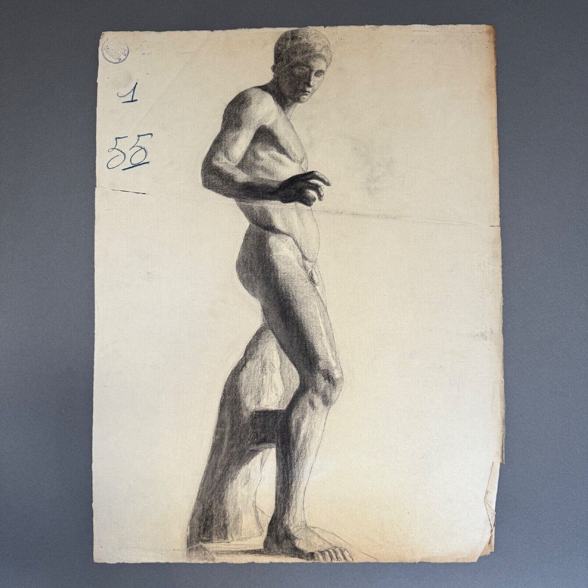 Dessin au fusain nu académique à l’Antique par Berger dit Lheureux Biloul-photo-2