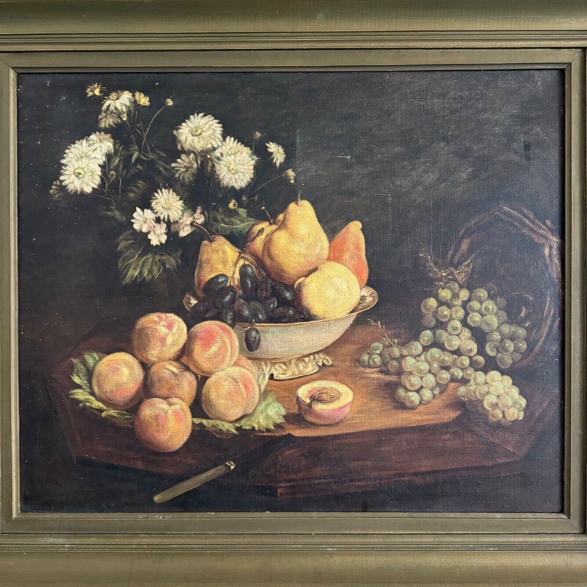 Huile sur toile 1900 d'après Fantin Latour nature morte Fleurs et fruits-photo-2