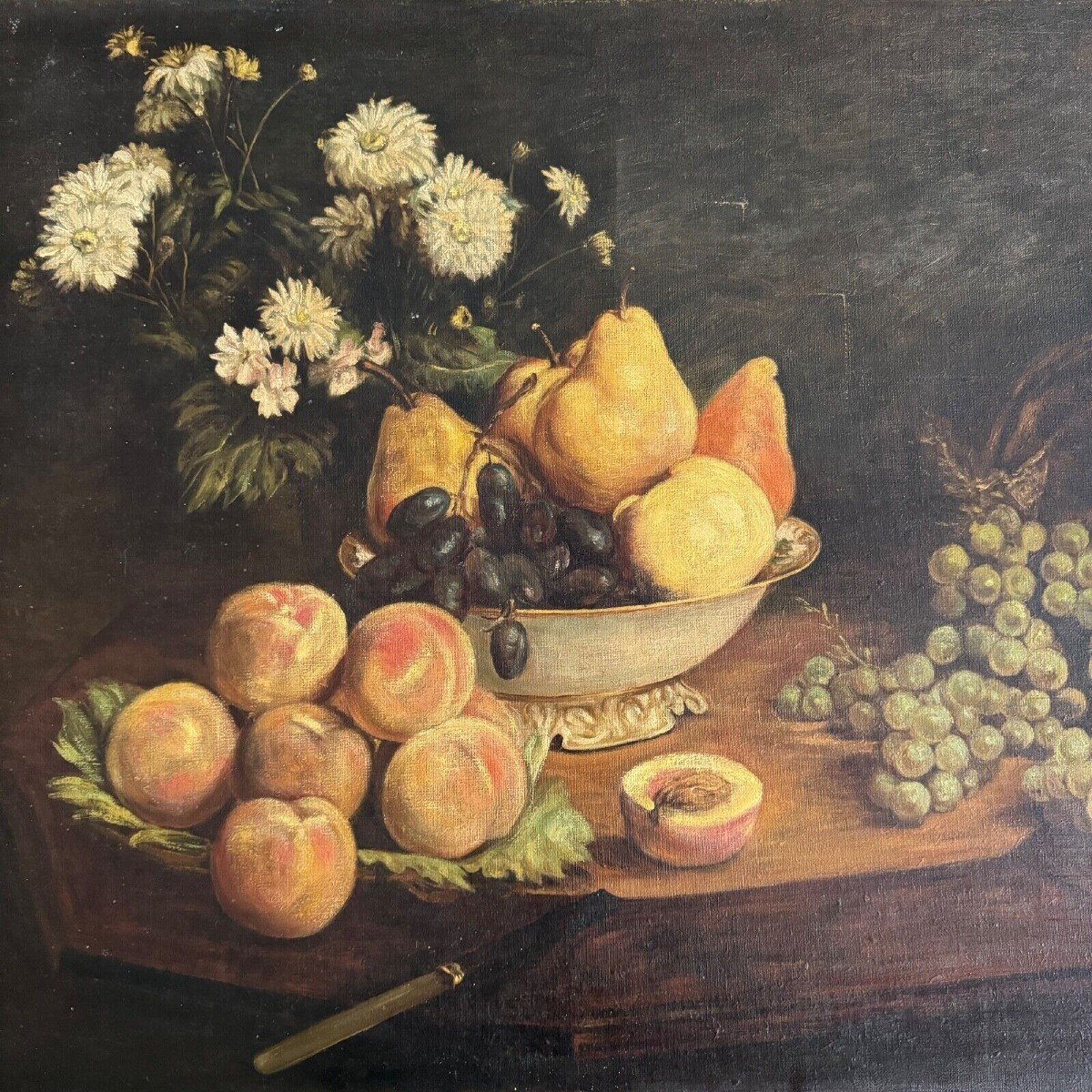 Huile sur toile 1900 d'après Fantin Latour nature morte Fleurs et fruits-photo-3