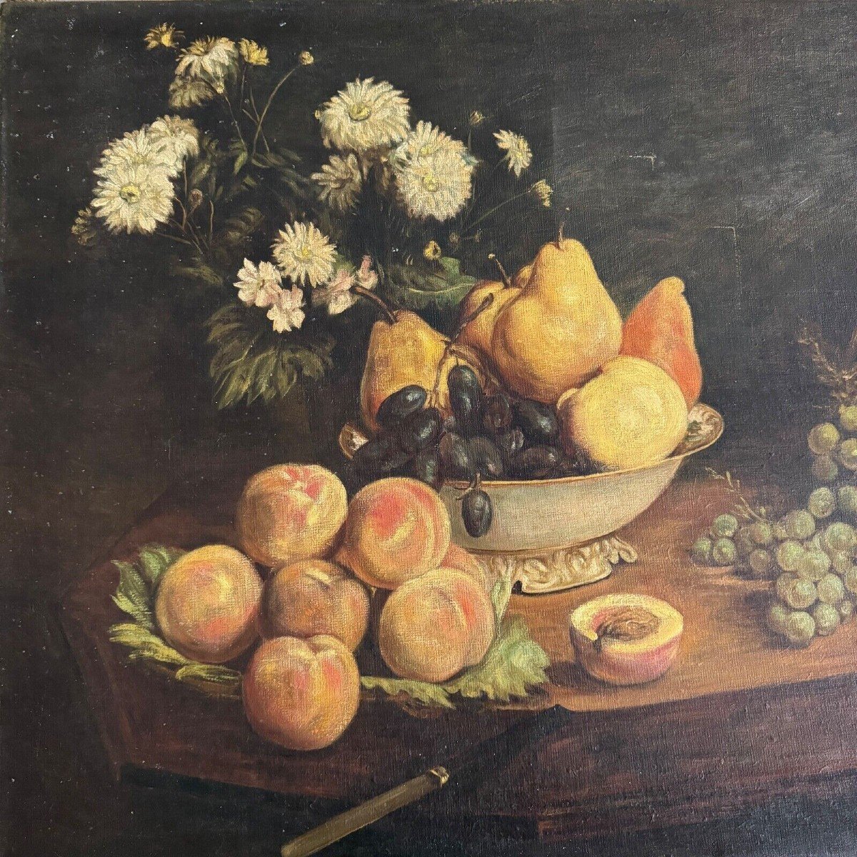 Huile sur toile 1900 d'après Fantin Latour nature morte Fleurs et fruits-photo-4