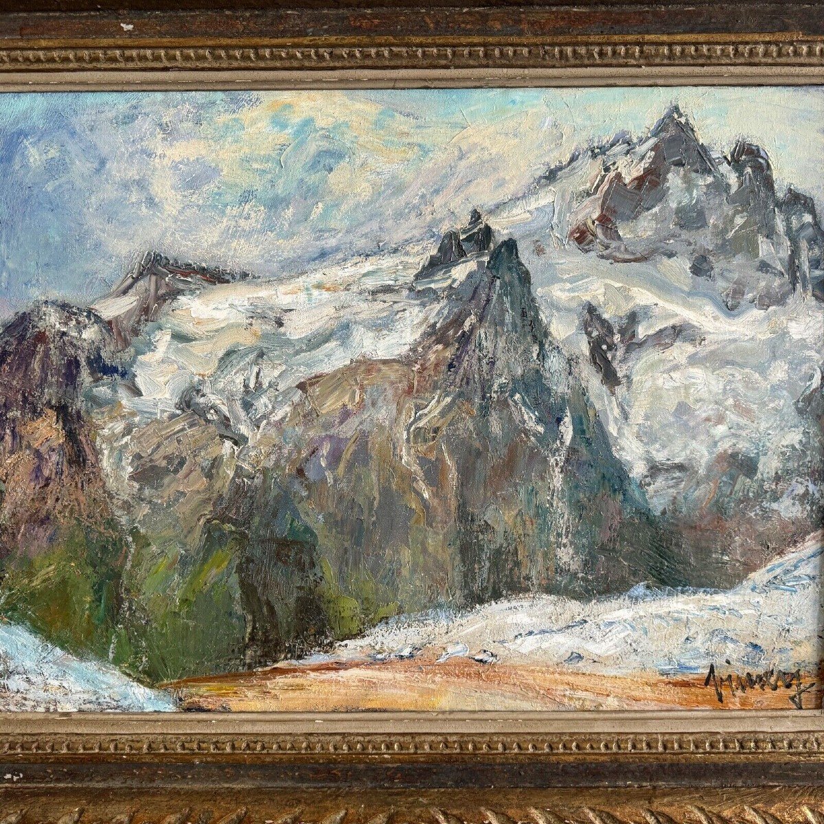 Huile sur toile par Jean Vinay La Meije et la Meijette vue de montagne-photo-4