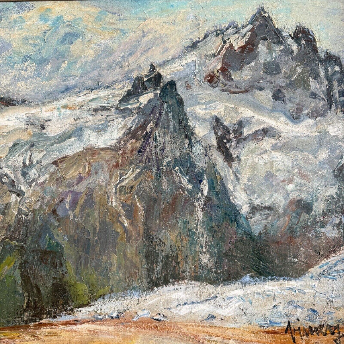 Huile sur toile par Jean Vinay La Meije et la Meijette vue de montagne-photo-4