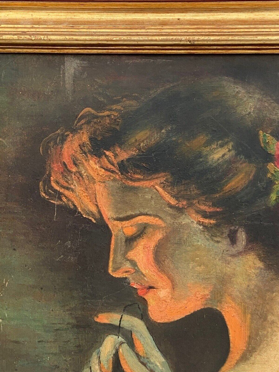 Huile sur carton par Guéret femme de profil XXe -photo-4