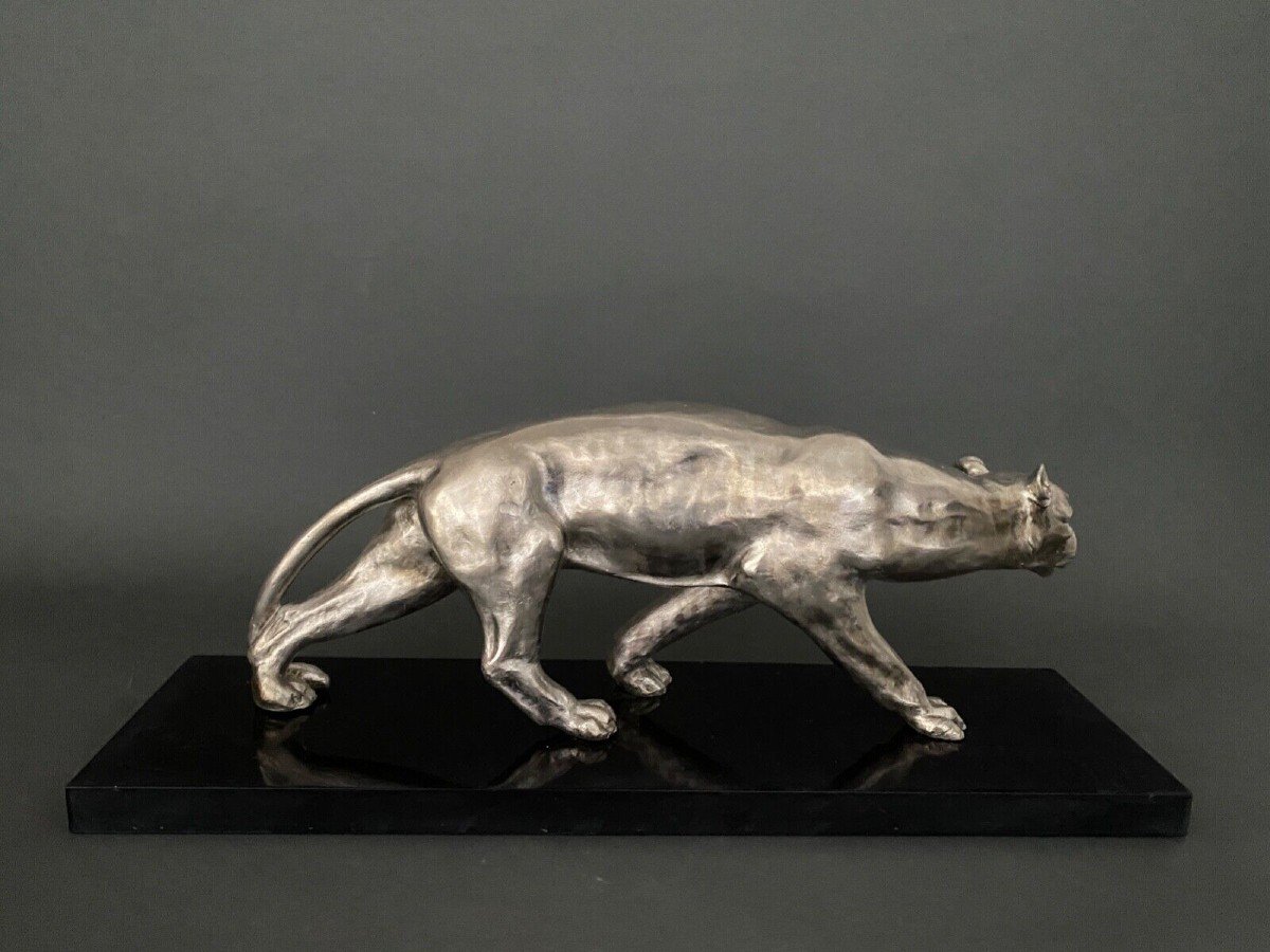 Art Deco Bronze Panther With Silver Patina 1930 On Black Marble Base-photo-3