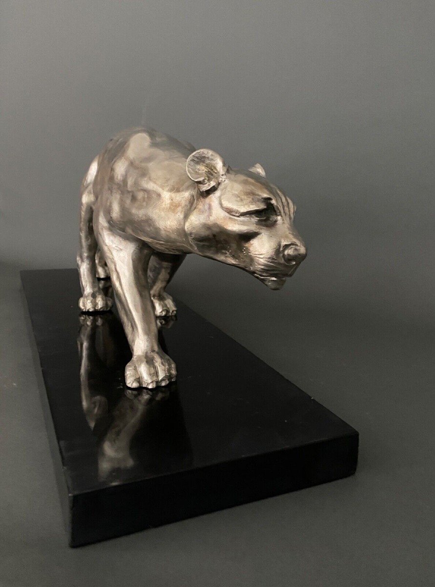 Art Deco Bronze Panther With Silver Patina 1930 On Black Marble Base-photo-4
