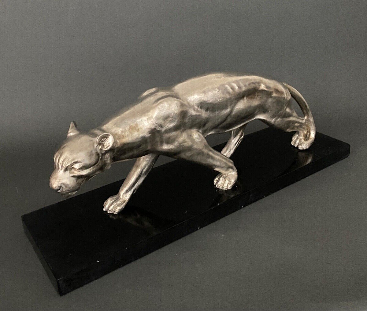 Art Deco Bronze Panther With Silver Patina 1930 On Black Marble Base-photo-4