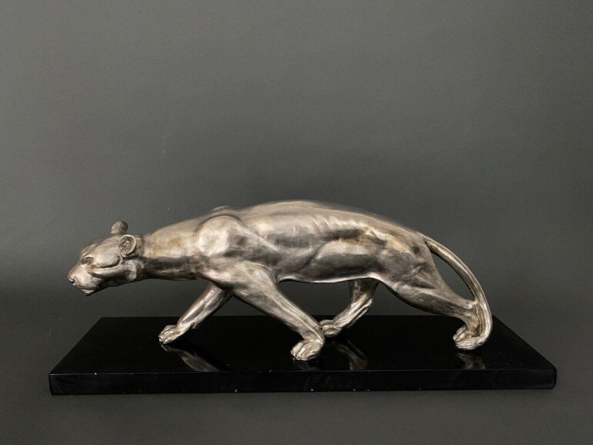 Art Deco Bronze Panther With Silver Patina 1930 On Black Marble Base