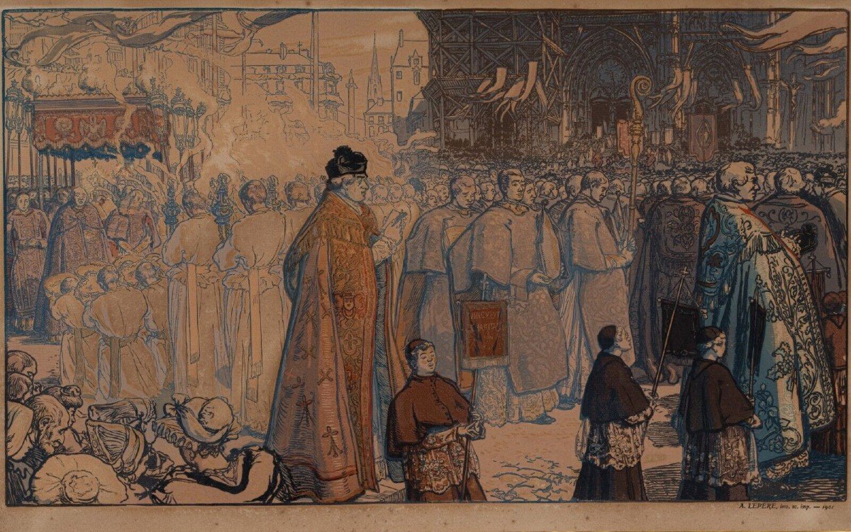 Gravure Auguste Lepère rehaussée procession religieuse cathédrale Nantes-photo-2