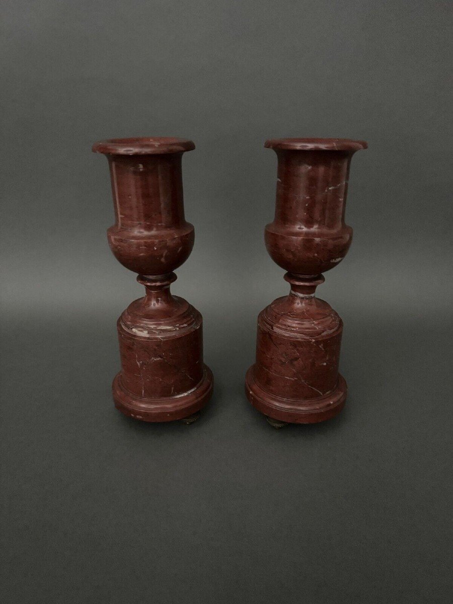 Deux vases tournés en marbre rouge du Languedoc fin XIXe pieds en bronze-photo-2