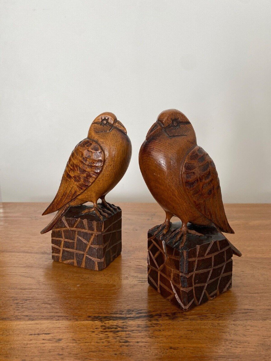 Pair Of Art Deco Bookend Birds In Carved Wood Cubizing 1930-photo-2