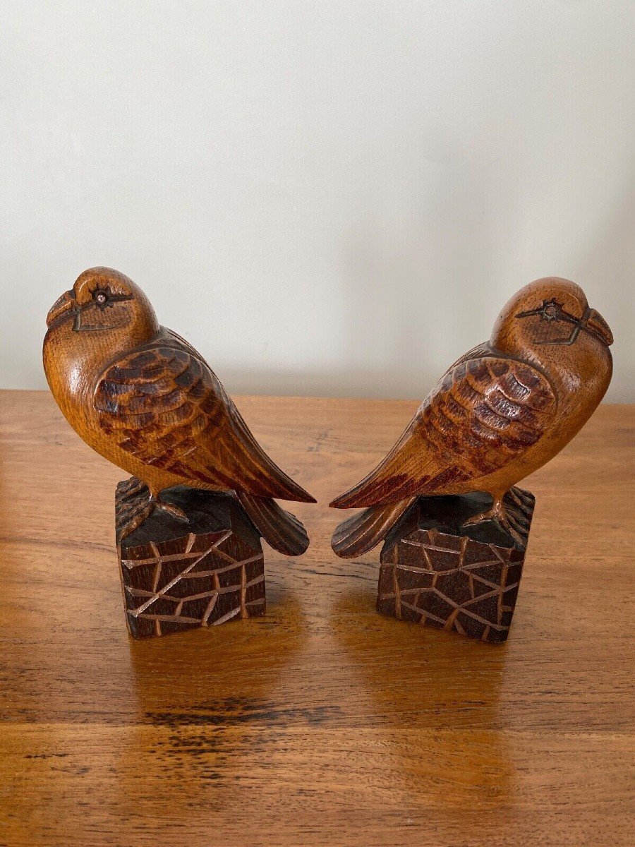 Pair Of Art Deco Bookend Birds In Carved Wood Cubizing 1930-photo-3