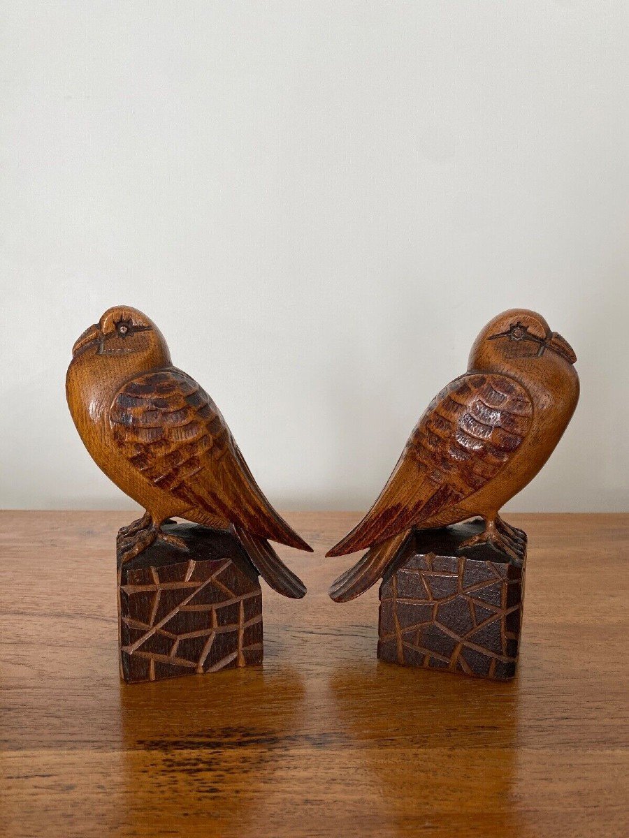 Pair Of Art Deco Bookend Birds In Carved Wood Cubizing 1930-photo-4