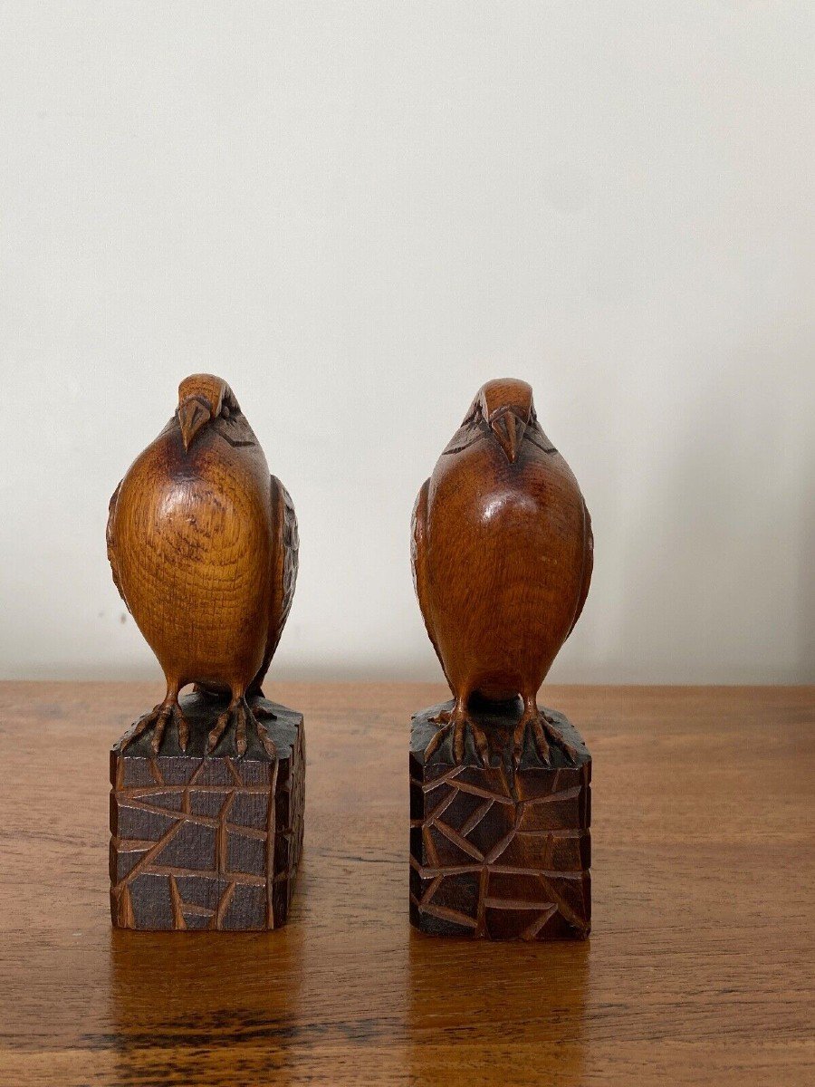 Pair Of Art Deco Bookend Birds In Carved Wood Cubizing 1930-photo-1