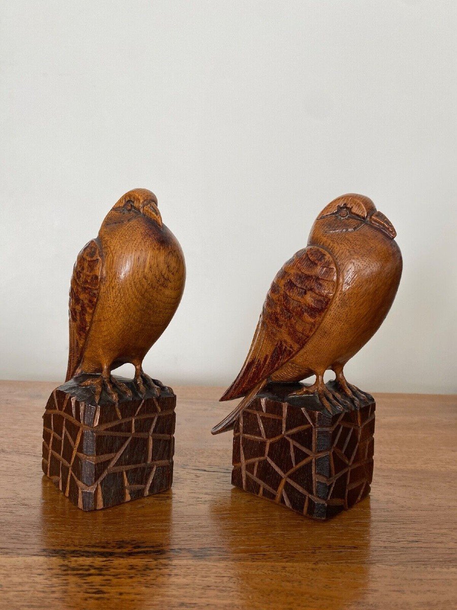 Pair Of Art Deco Bookend Birds In Carved Wood Cubizing 1930-photo-2