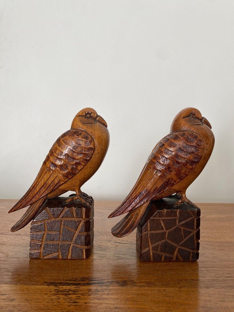 Pair Of Art Deco Bookend Birds In Carved Wood Cubizing 1930-photo-3