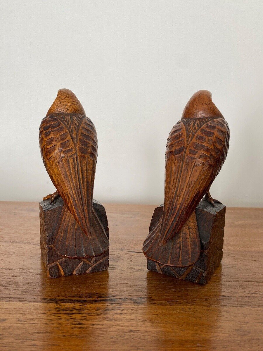 Pair Of Art Deco Bookend Birds In Carved Wood Cubizing 1930-photo-4