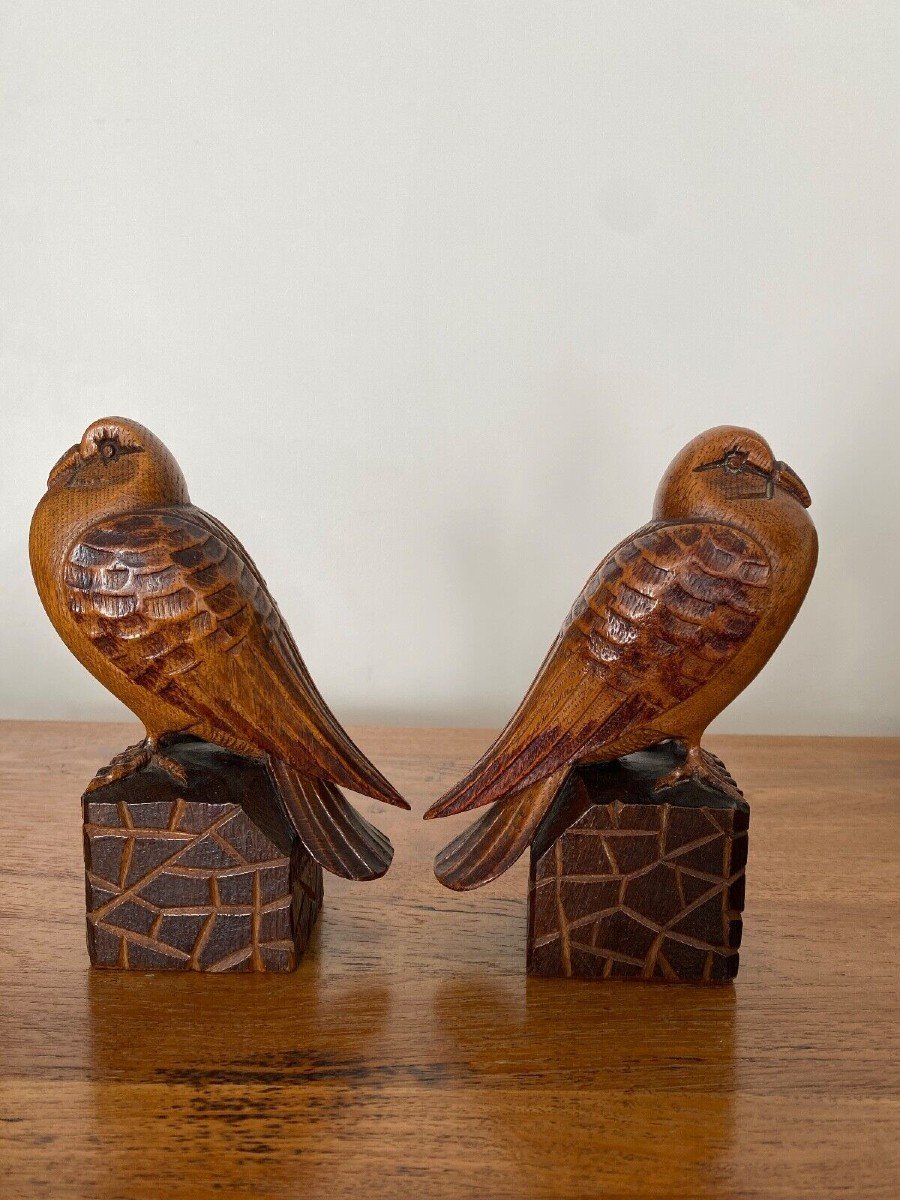 Pair Of Art Deco Bookend Birds In Carved Wood Cubizing 1930-photo-5