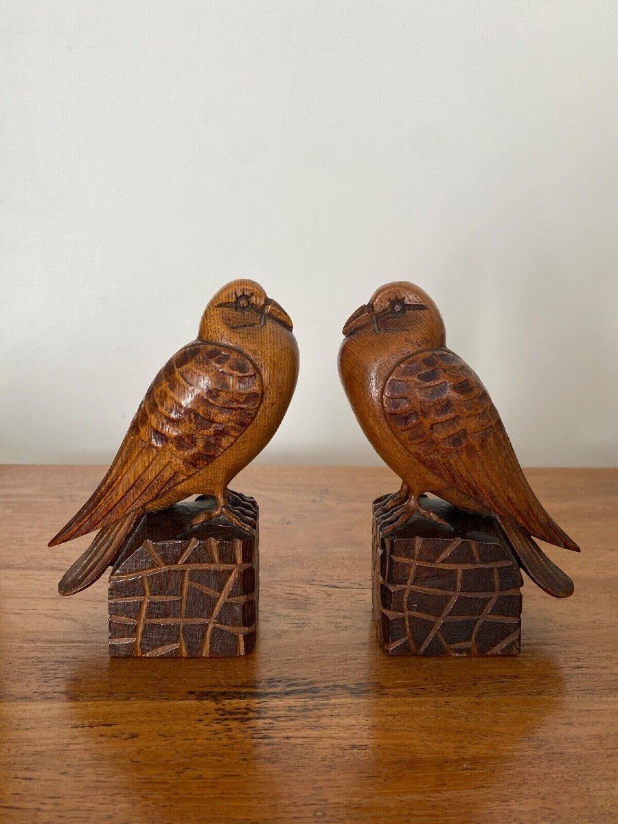 Pair Of Art Deco Bookend Birds In Carved Wood Cubizing 1930