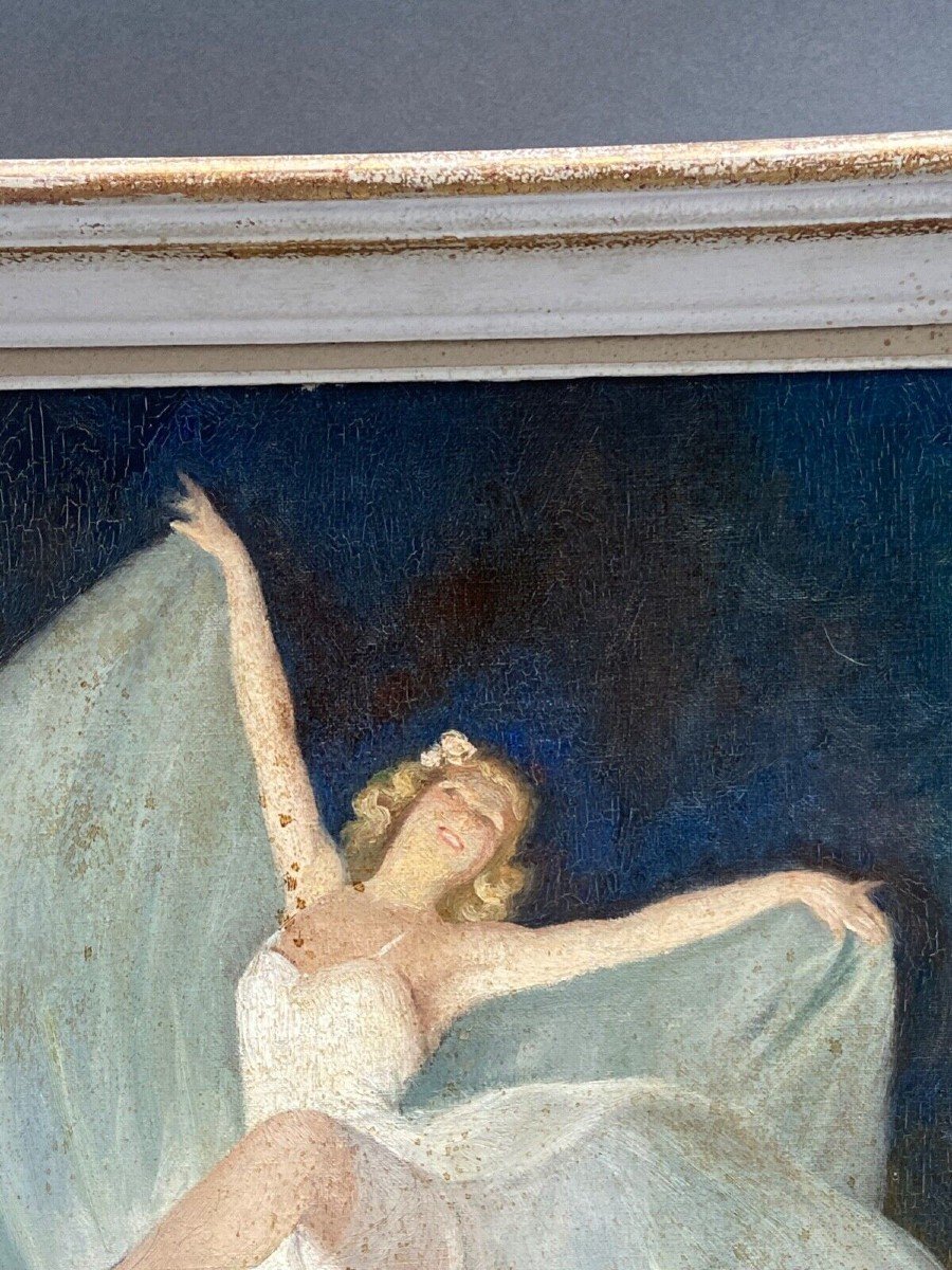 Huile sur toile par Léon Galand Danseuses aux voiles XXe fond bleu-photo-4