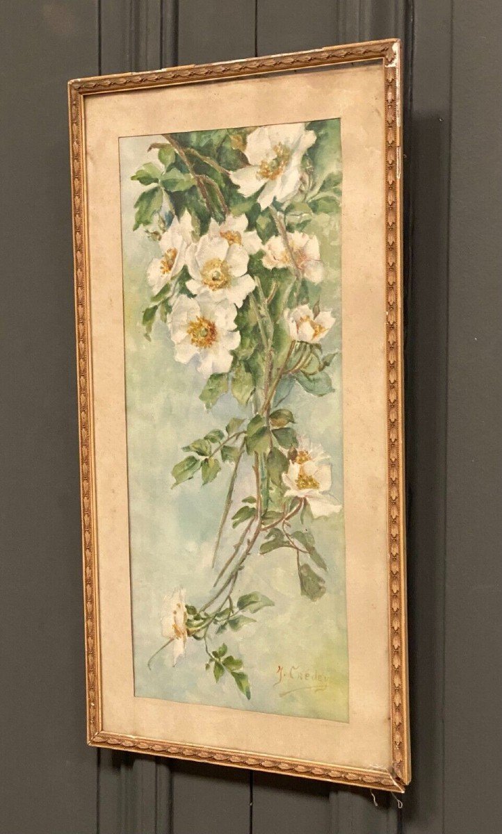 Watercolor On Paper Still Life Bouquet Of Flowers By J. Crédey 20th Century-photo-2