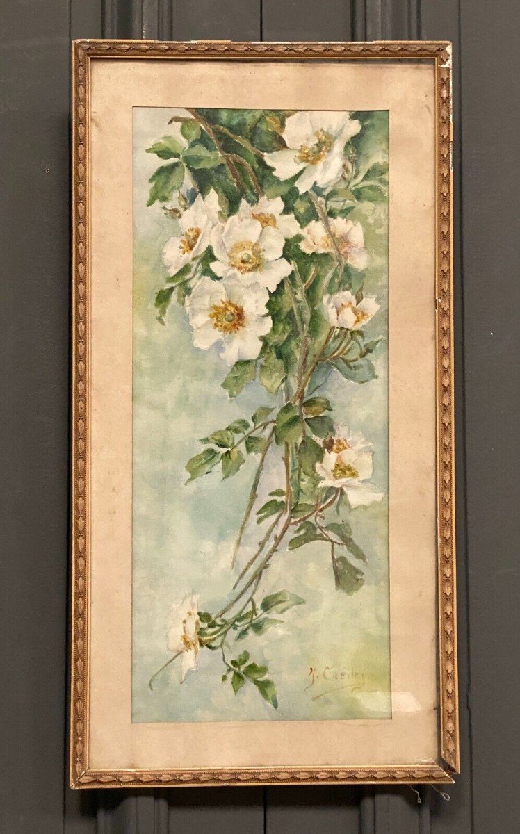 Watercolor On Paper Still Life Bouquet Of Flowers By J. Crédey 20th Century