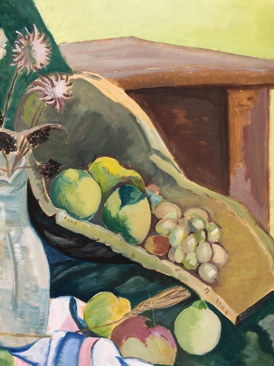 Nature morte vase de fleurs et coupe de fruits 1940 huile sur carton-photo-4