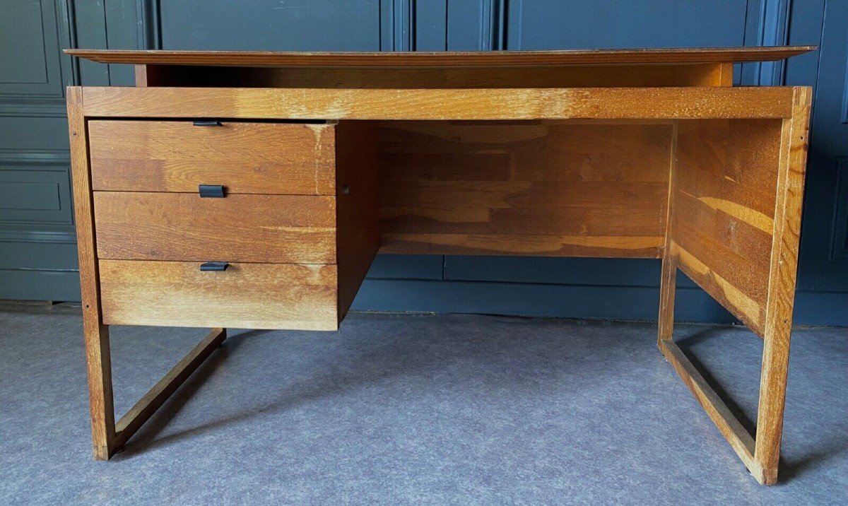 Desk With Three Drawers, French Work, Leather Draw Rings, 1960 -photo-2