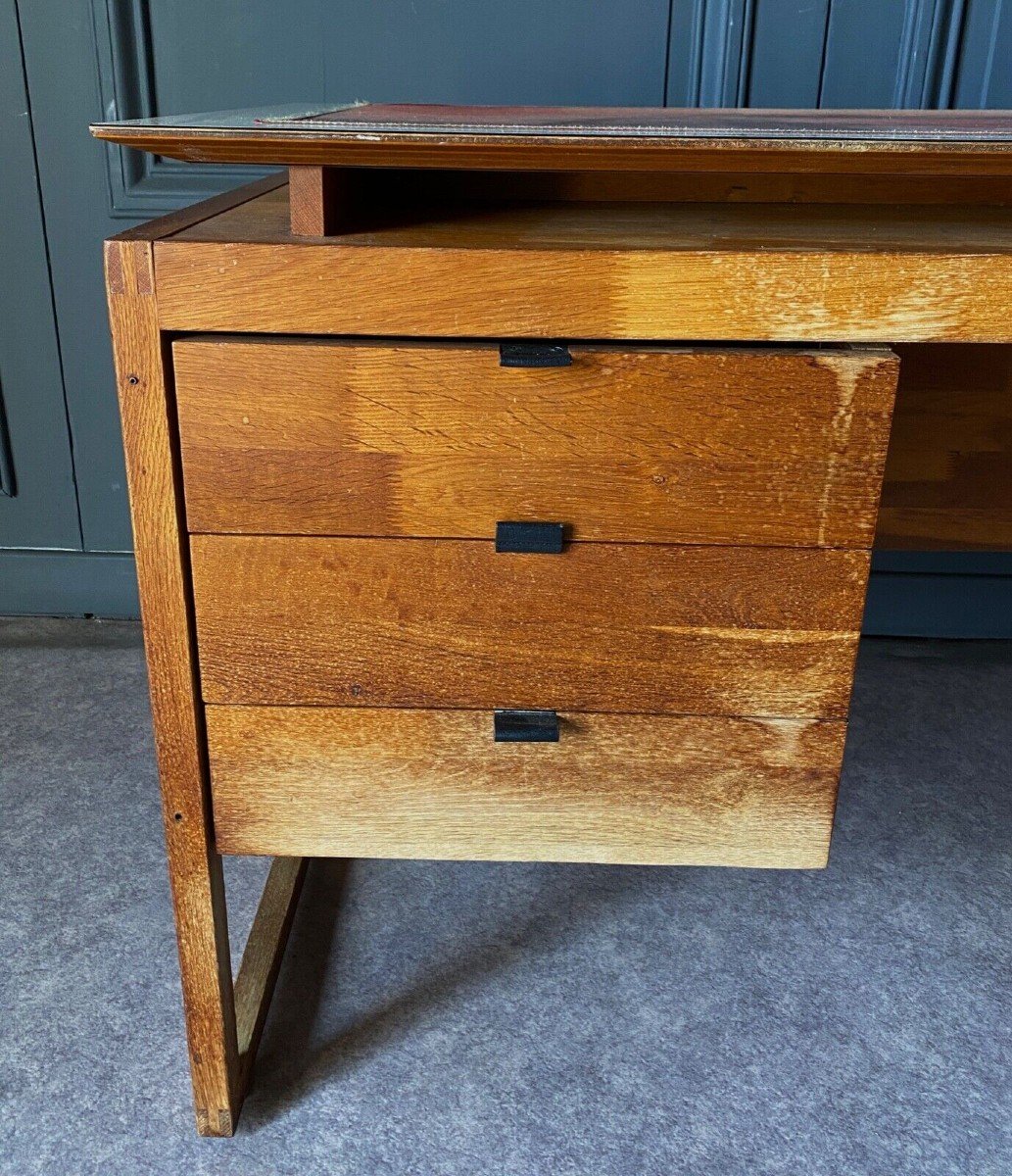 Desk With Three Drawers, French Work, Leather Draw Rings, 1960 -photo-4