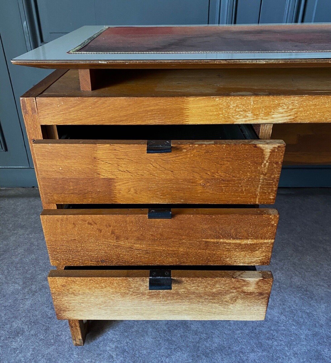 Desk With Three Drawers, French Work, Leather Draw Rings, 1960 -photo-6