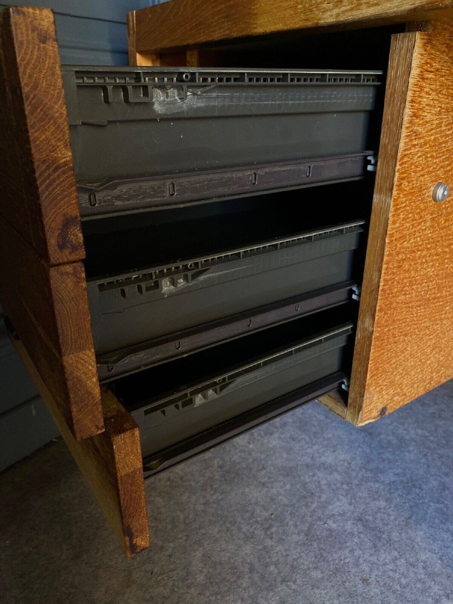 Desk With Three Drawers, French Work, Leather Draw Rings, 1960 -photo-7