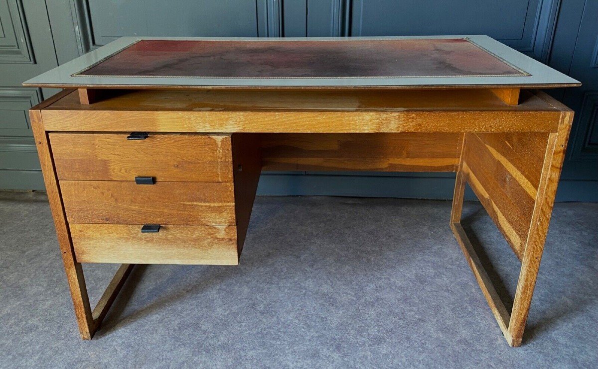 Desk With Three Drawers, French Work, Leather Draw Rings, 1960 