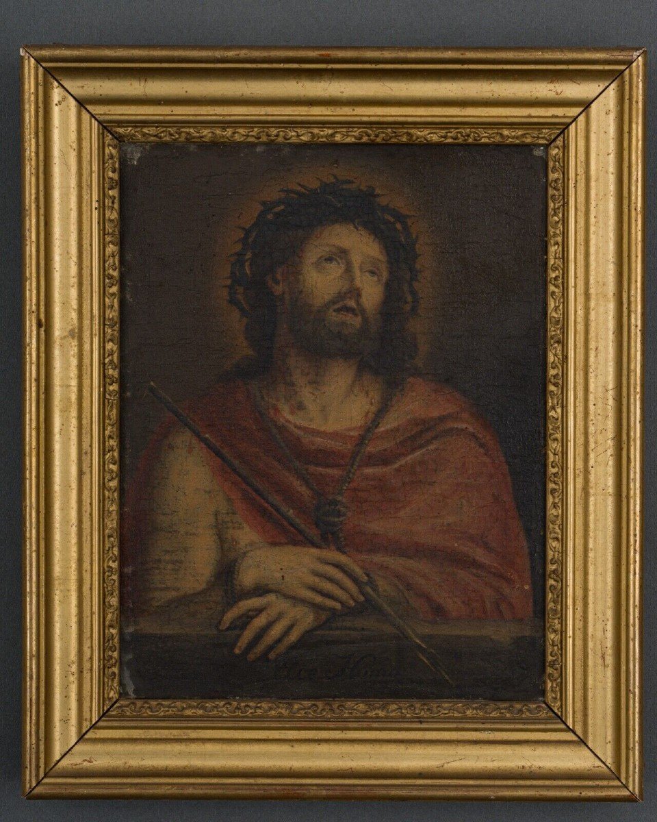 Huile sur toile Ecce Homo XIXe représentation du Christ en béatitude