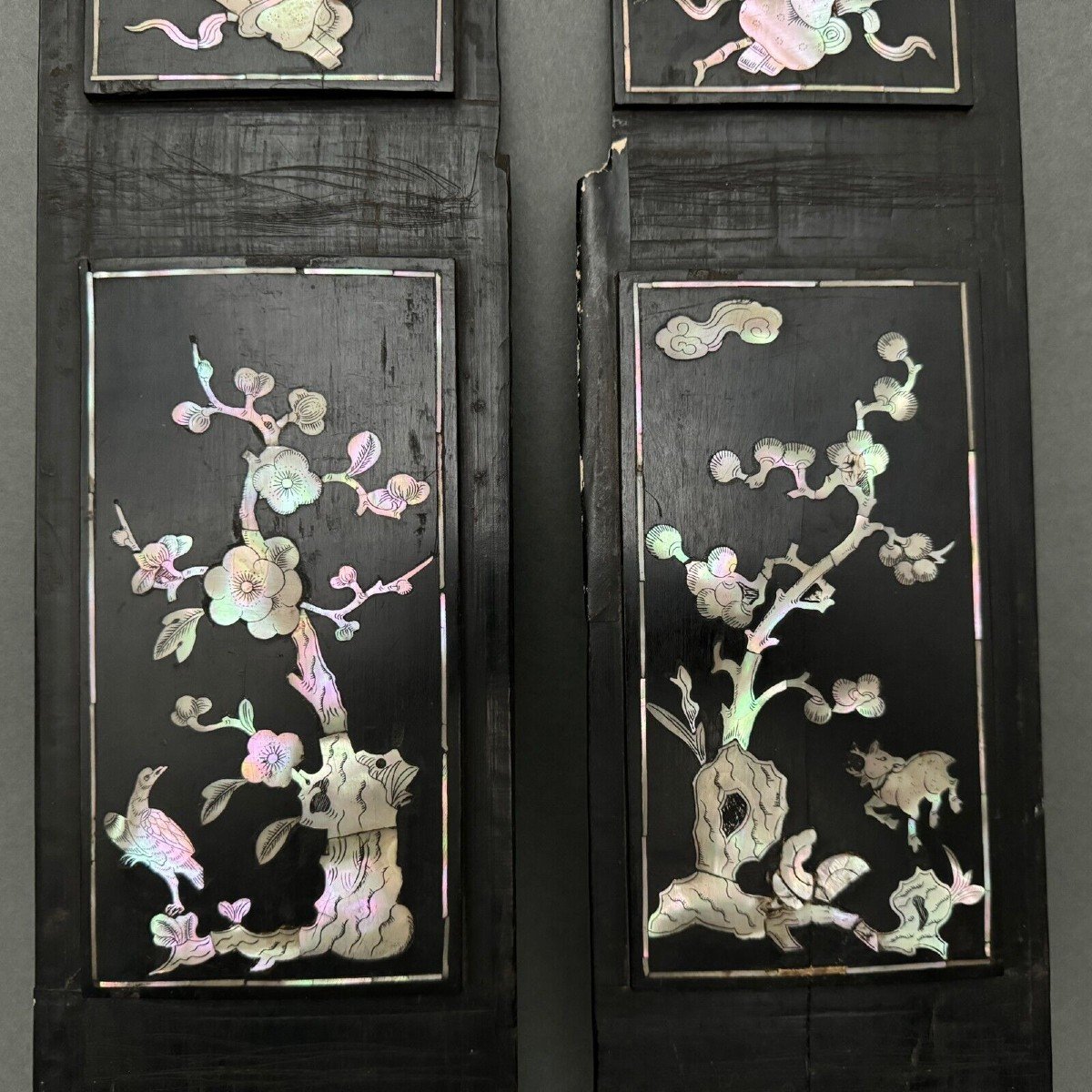 Pair Of Chinese Panels In Blackened Wood Inlaid With Mother-of-pearl-photo-3