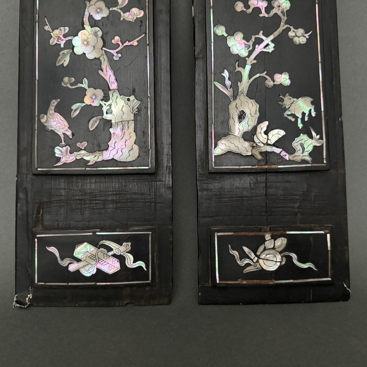 Pair Of Chinese Panels In Blackened Wood Inlaid With Mother-of-pearl-photo-4