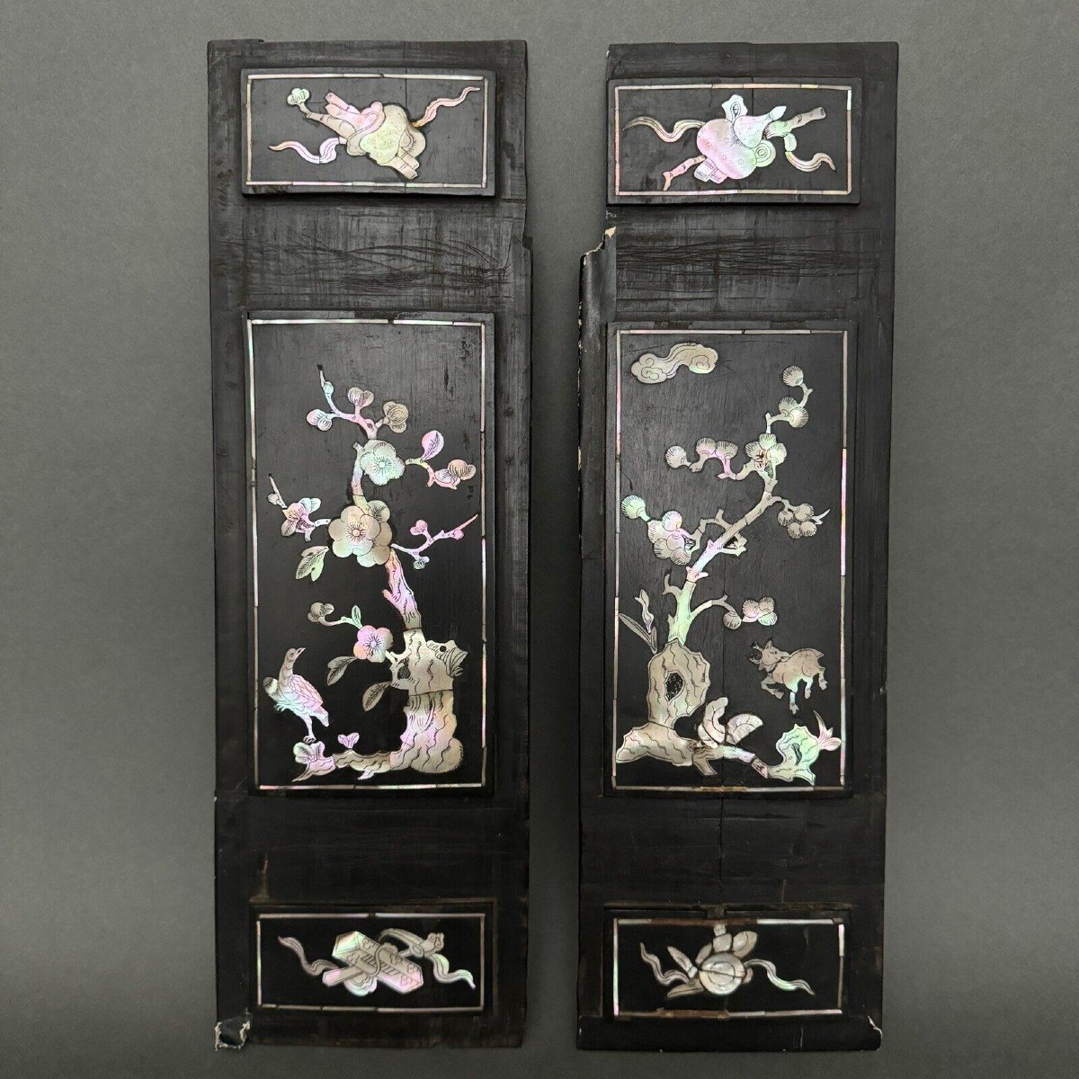 Pair Of Chinese Panels In Blackened Wood Inlaid With Mother-of-pearl