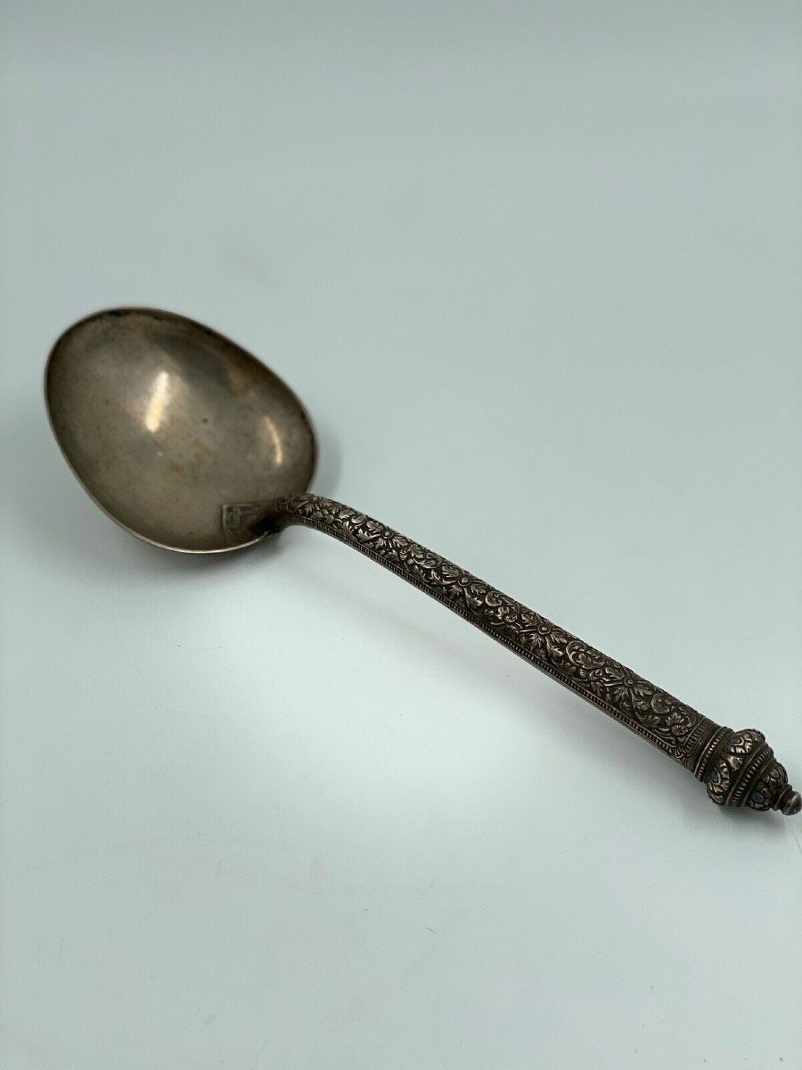 Chinese Silver Spoon Decorated With Foliage Late 19th Century-photo-2