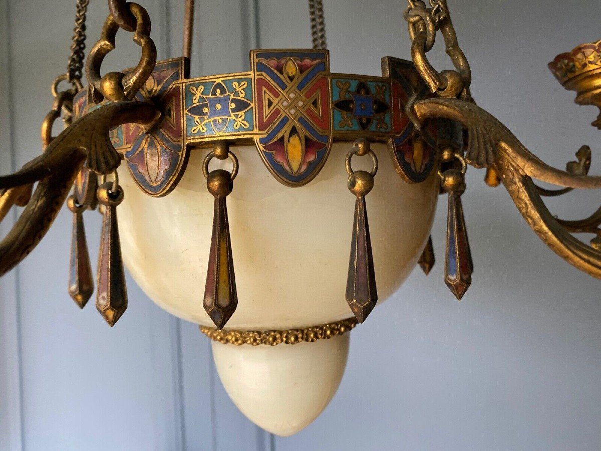 Cloisonne Chandelier Napoleon III Period 6 Lights Cut In Alabaster 19th Century-photo-4