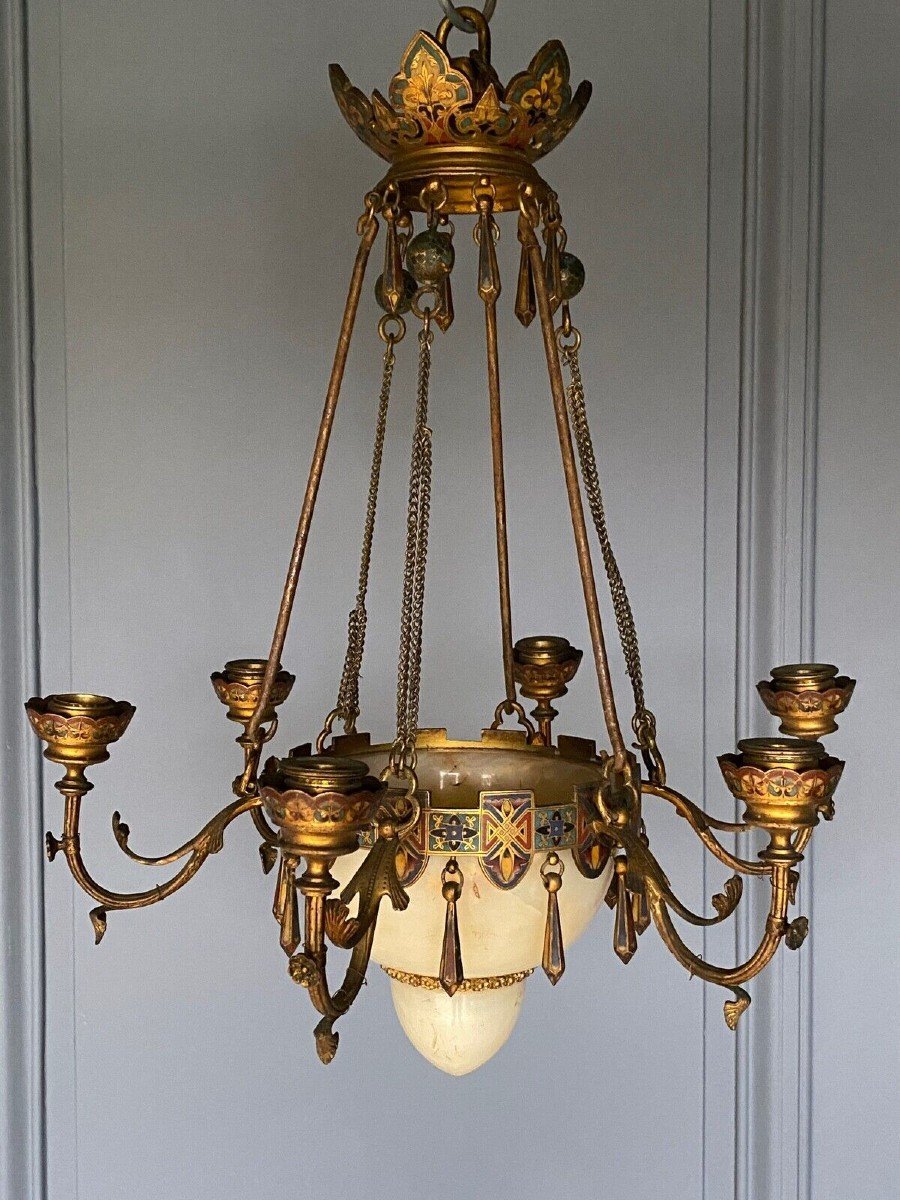 Cloisonne Chandelier Napoleon III Period 6 Lights Cut In Alabaster 19th Century-photo-7