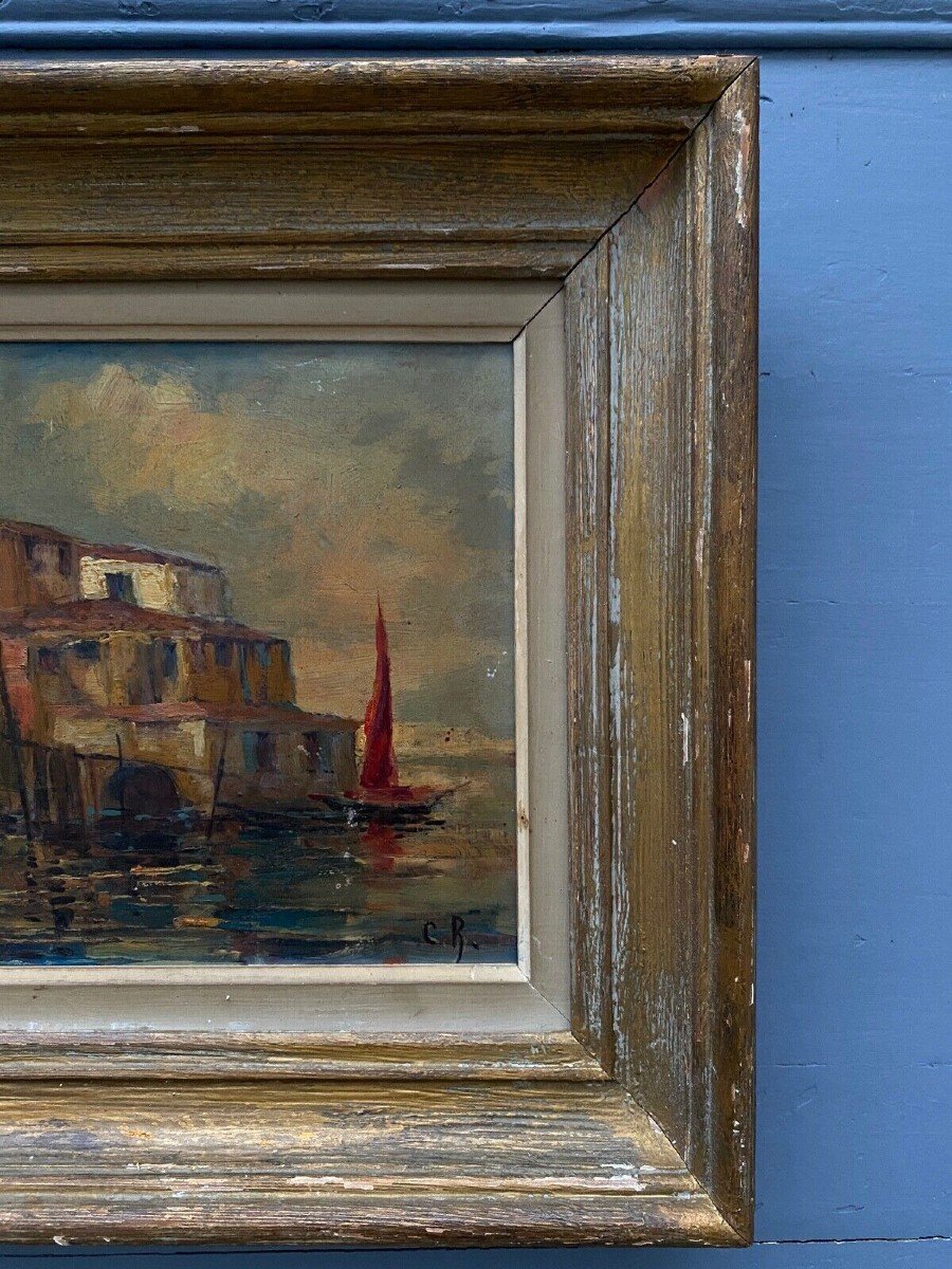 Oil On Masonite Initials Cr Venice 20th Century-photo-4