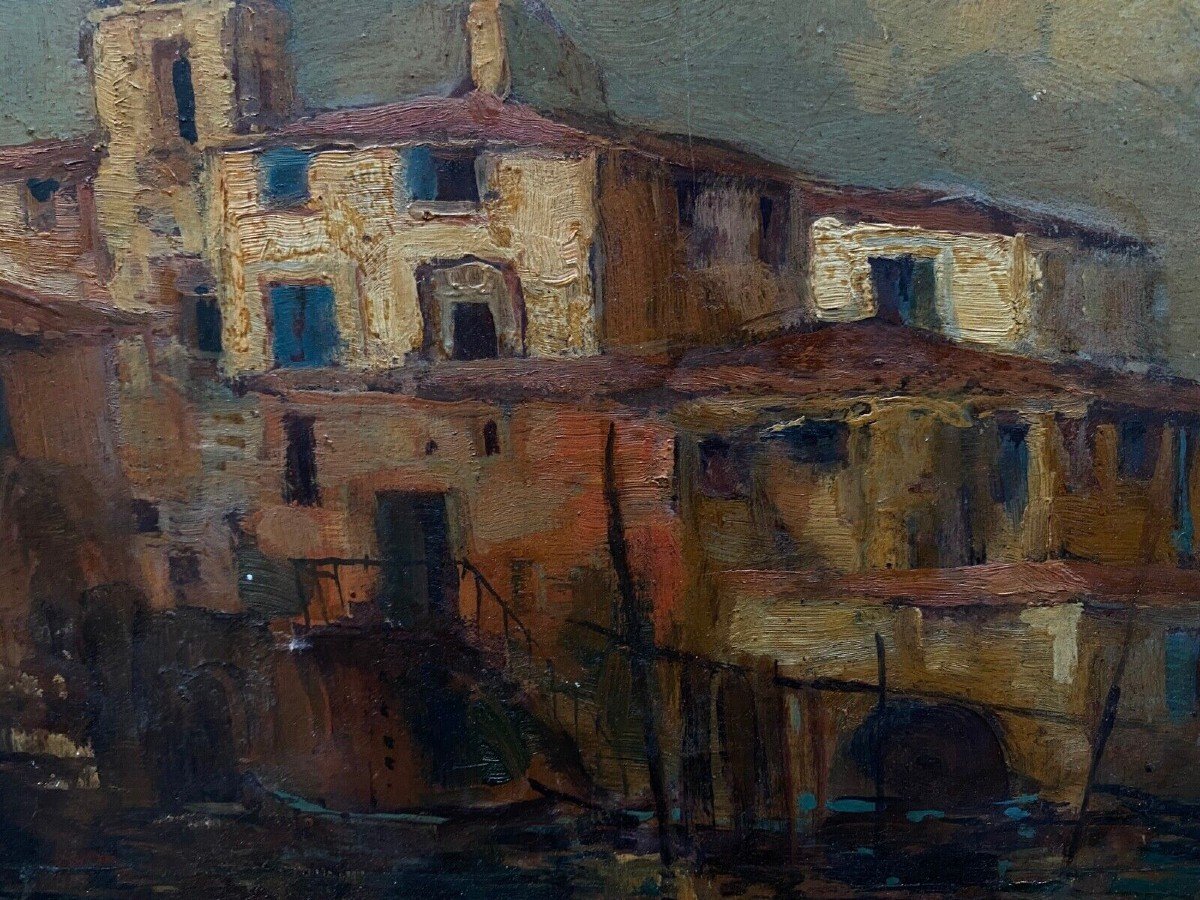 Oil On Masonite Initials Cr Venice 20th Century-photo-2