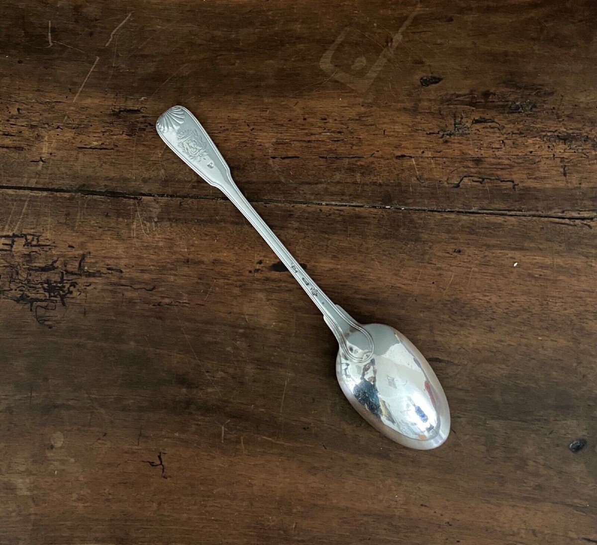 18th Century Shell Model Solid Silver Stew Spoon With Coat Of Arms-photo-2