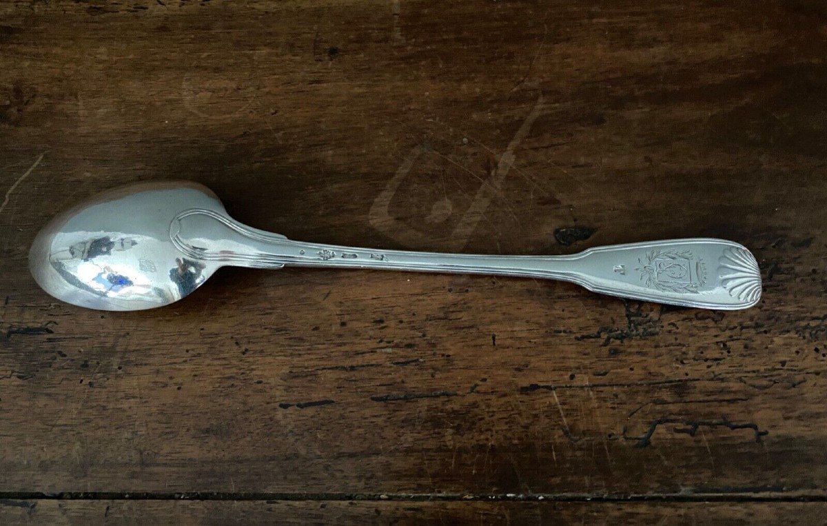 18th Century Shell Model Solid Silver Stew Spoon With Coat Of Arms-photo-5