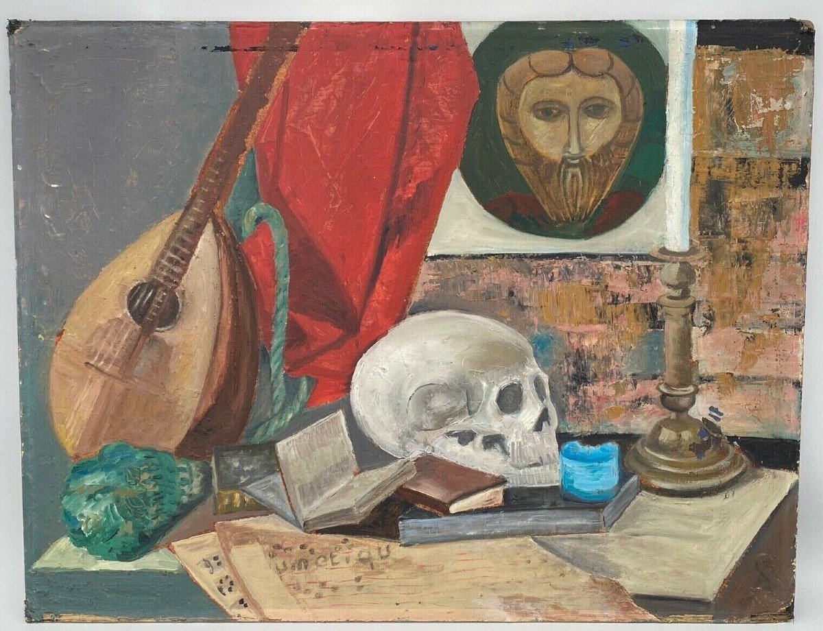 Oil On Cardboard Still Life With Mandolin With Skull -photo-2