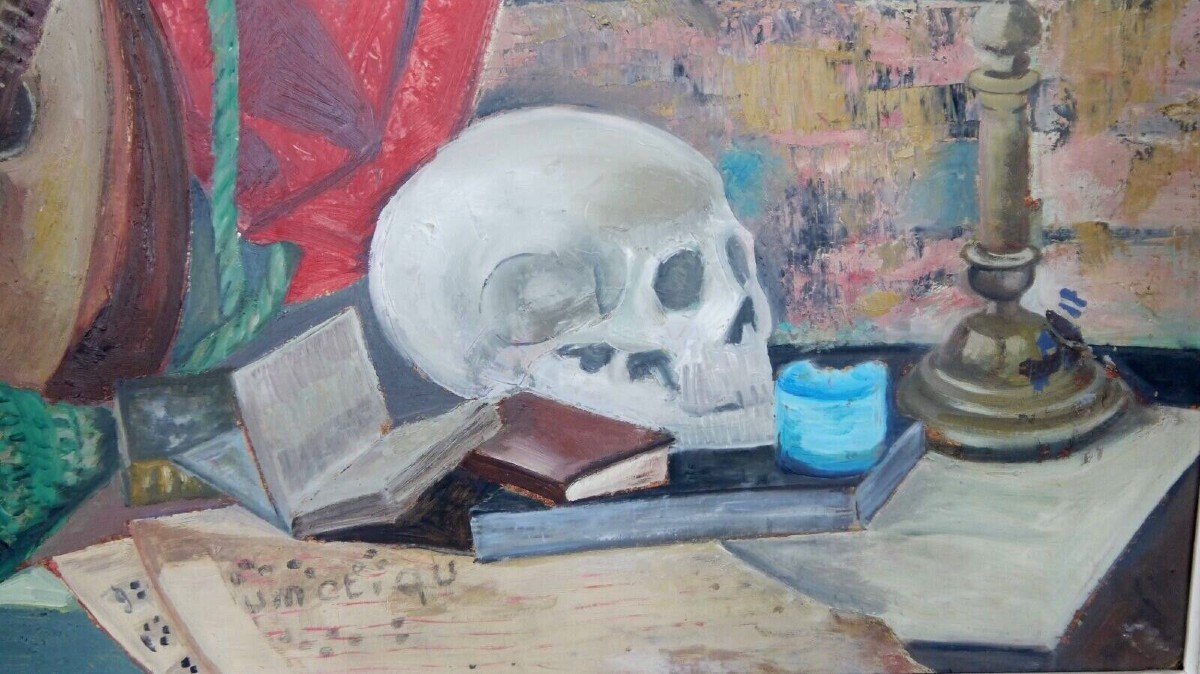 Oil On Cardboard Still Life With Mandolin With Skull -photo-3