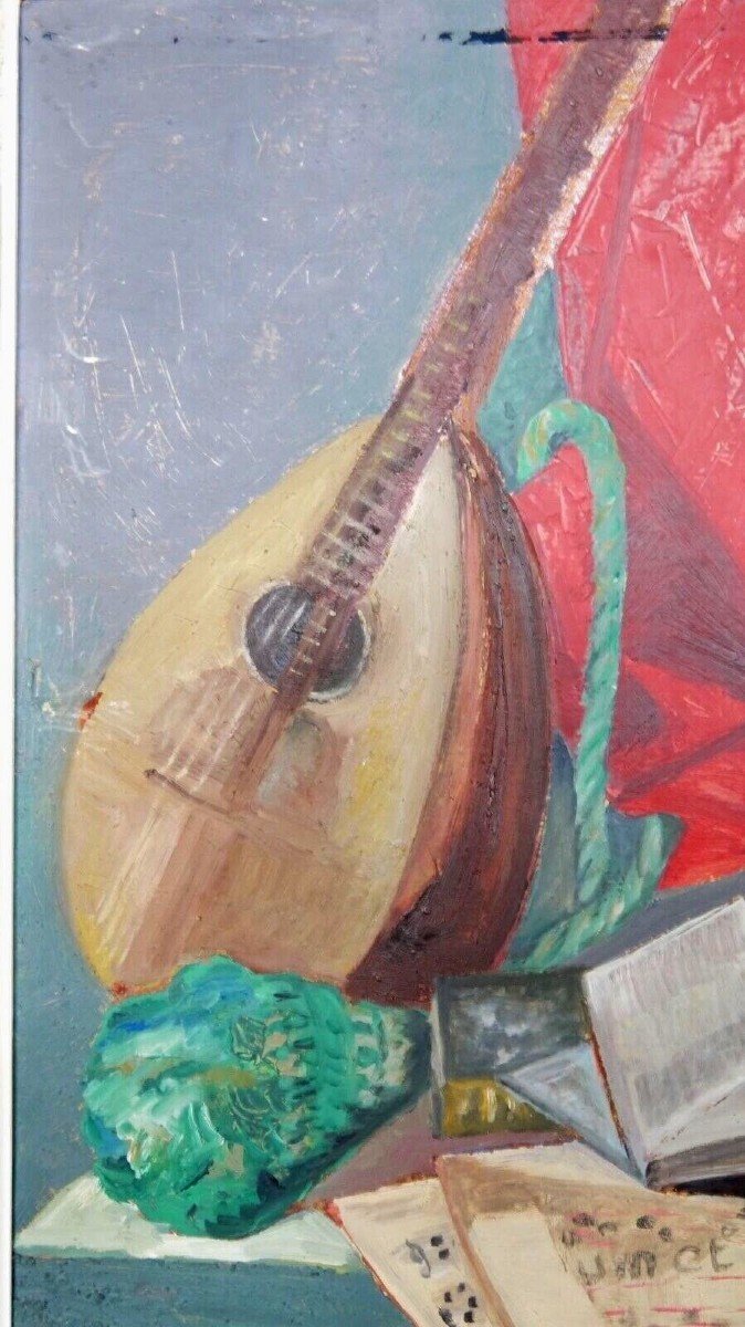 Oil On Cardboard Still Life With Mandolin With Skull -photo-1